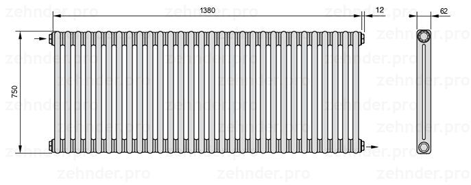 Схема (чертеж) Радиатор Zehnder Charleston 2075/30 №1670 Белый глянцевый RAL 9016